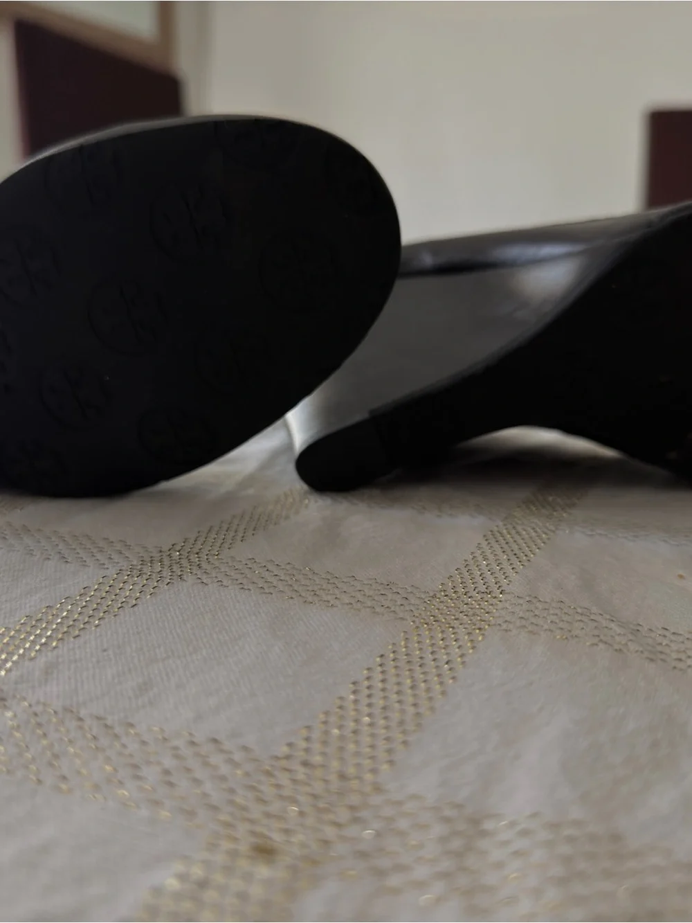 Tory Burch Black Wedge Pumps with Gold Logo Emblem